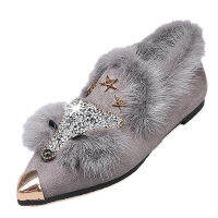 Crystal Fox Pattern Womens Loafers Women Metal Pointed Toe Fur Moccasins Fashion Brand Winter Ladies Party Shoes Ballet Flats