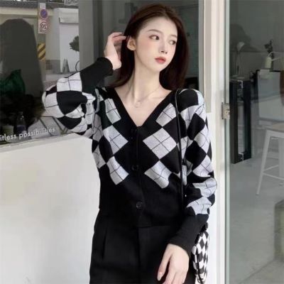 ₪○ Korean Womens Loose Slimmer Look Vintage Rhombus v-Neck Knitted Cardigan