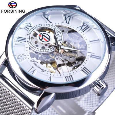 Forsining Mechanical Wristwatch for Men Silver Stainless Steel Band Fashion Retro Skeleton Clock Hook Buckle Mens Watches