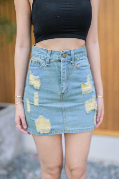 พร้อมส่ง-babarryjeans-กระโปรงยีนส์-s-6xl-ผญ-เอวสูง-แต่งขาดเซ่อร์-ผ้ายีนส์ไม่ยืด-ยาว-17-นิ้ว