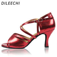 DILEECHI ใหม่สีแดงกลับกลอก PU รองเท้าเต้นรำละตินของผู้หญิงหญิงนุ่ม Outsole รองเท้าเต้นรำบอลรูมรองเท้าส้นสูง7.5เซนติเมตร