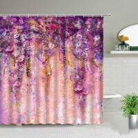 Flowers Plant Bath Curtain ดอกไม้สีม่วงห้องน้ำตกแต่งหน้าจอโพลีเอสเตอร์ Frabic Tarpaulin Curtain 180 * 180 ซม