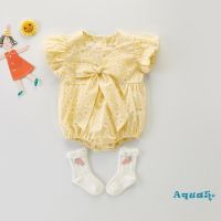 COD DSFERTEREERRE AQQ-Infant Girls Casual Summer Romper Yellow Floral Print Square Collar Short Sleeve Jumpsuit with Bow Knot Decor