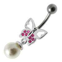 Fancy Butterfly Jeweled Pearl Dangling Curved Belly Ring Body Jewelry จิสะดือ เครื่องประดับบน่รางกาย สำหรับผู้หญิง แฟชั่นวัยรุ่นในยุคใหม่ หรุหราและสวยงาม