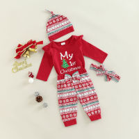 My 1st Christmas Baby Boy Girl Outfits Long Sleeve Romper Snowflake Pattern Pants Hairband Hat 3Pcs Clothes Set