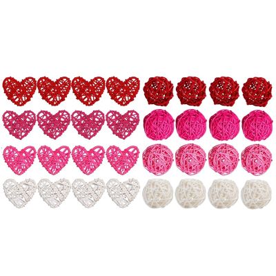 32Pcs ValentineS Day Heart Shape & Round Rattan Balls 2 Inch Decorative Wedding Wicker Balls Decorations