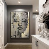 Toile De Femmes Modernes Avec Visage Noir Recouvert DOr,Affiches Et Imprimé, Tableau DArt ภาพจิตรกรรมฝาผนังสำหรับซาลอน,Décoration Murale