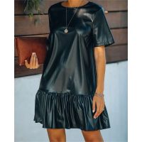 【YF】 2022 Womens Black Faux PU Leather Dress Short Sleeve Loose Ruffle Elegant Mini Dresses Fashion Office Lady Clothing Vestidos