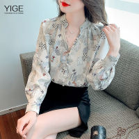 YIGE 2022ฤดูใบไม้ร่วงเกาหลีรุ่นผ้าไหมเสื้อหญิง V คอพิมพ์หลวมแขนยาว Elegant Tops Female