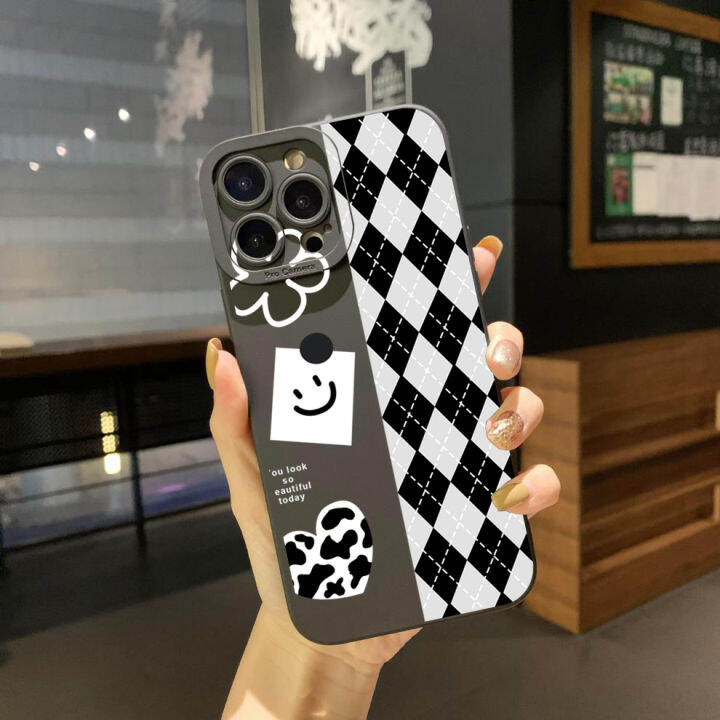 เคสโทรศัพท์สำหรับ-iphone-14-plus-13-12-pro-max-11-xr-7-8-se-2020ใบหน้ายิ้มขอบสี่เหลี่ยมกรอบฝาครอบป้องกันเลนส์เต็ม