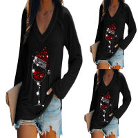 Fashion Womens Christmas T-shirt Casual Loose V-Neck Red Wine Glass Print Long-Sleeve Female Pullovers Tees