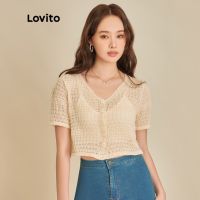 Lovito เสื้อถักผู้หญิง คอวี กระดุมหน้า สีพื้น สไตล์โบโฮ L45ED067 (สีแอปริคอท) 5211033♠◑▨