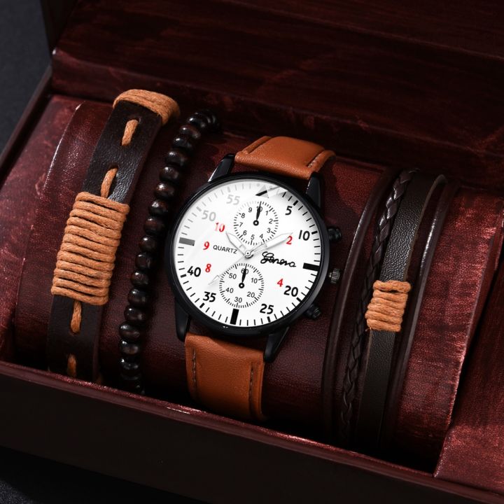 4pcs-ผู้ชายหรูหราแฟชั่นออกแบบหนังควอตซ์นาฬิกาผู้ชายนาฬิกาของขวัญ-montre-homme-relogio-masculino-ไม่มีกล่อง