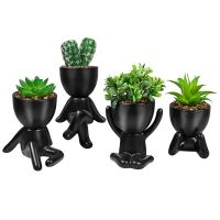 4PCS Artificial Succulent Planters, Mini Potted Ceramic Succulent Decor, Human Shaped Black Pots Small Pots