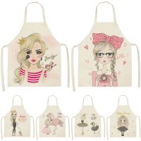 Cute Pink Girl Cotton Linen Sleeveless Apron Printed Kitchen Aprons Women Home Cooking Baking Waist Bib Pinafore 53*65cm WQL0151