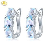 Hutang 925 Silver Hoop Earrings for Women, 1.48ct Blue Topaz Gemstone Earrings Classical Elegant Fine Sterling Silver Jewelry