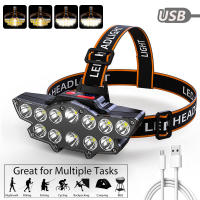 ไฟฉายคาดศีรษะกันน้ำแบบชาร์จ USB ไฟหน้า 12 ไฟ LED ไฟหน้าแบบชาร์จไฟได้สำหรับ Nightwalk เดินป่า ตกปลา