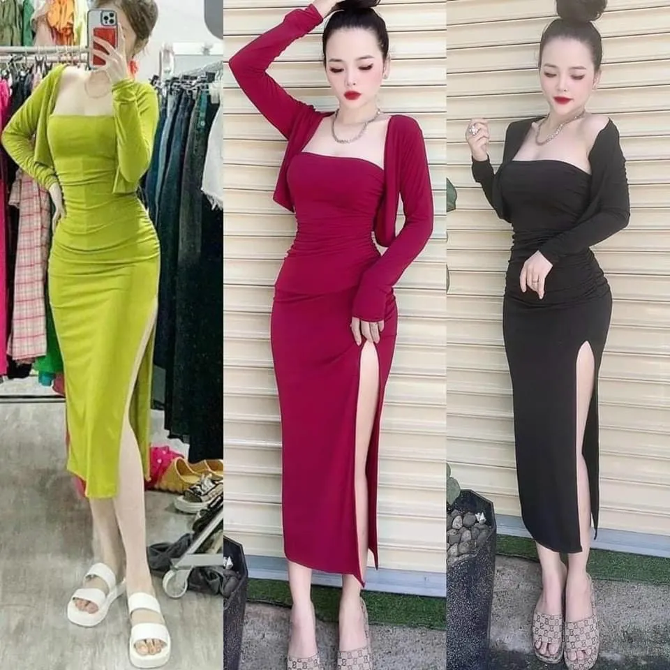 SÉT ĐẦM BODY ÔM XẺ CAO TẶNG KÈM ÁO KHOÁC THU ĐÔNG DBD77 | Lazada.vn