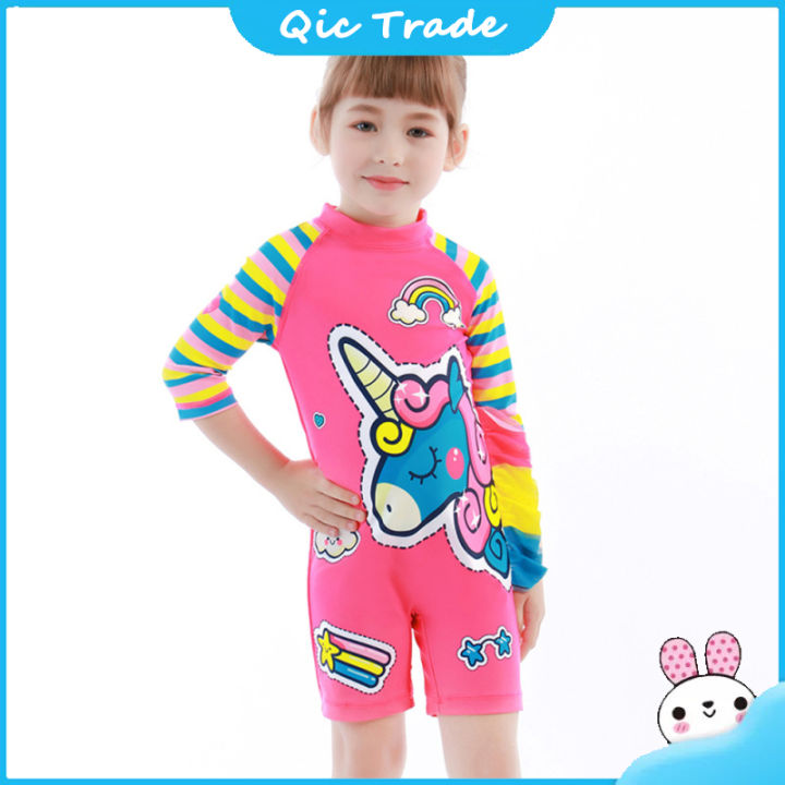 new-arrival-2pcs-set-baby-girls-cartoon-one-piece-swimsuit-sun-hat-long-sleeved-back-zip-stand-up-collar-sunsuit-swimwear-bathing-suit-with-hat