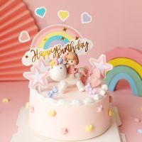 Unicorn Girl Cake Topper Happy Birthday Decoration Rainbow Wedding Cupcake Toppers Baby Shower Party Favors Baking Accessories