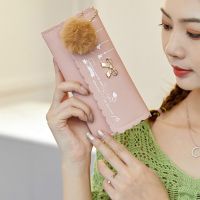 Luxury Brand Leather Wallets Women Long Wallets Pure Color Wool Ball Bow Clutch Bag Female Money Credit Card Holder Coin Purse Wallets