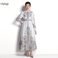 Lapel Lantern Sleeve Linen Printed Dress