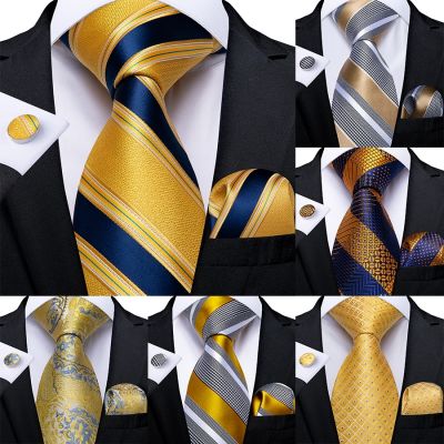 Fashion Men Tie Luxury Yellow Blue Striped Paisley Plaid Silk Wedding Tie For Men DiBanGu Designer Hanky Cufflinks Gift Tie Set