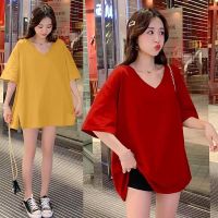 COD DSFERTRETRE ★Limited Sale★4Colors/40-150kg/Plus Size Oversized Korean Style Women Pure Color T-shirt V-Neck 3/4 Short Sleeves BIg Loose Tummy Hide Tee Summer Maternity Cloth Slimming Casual Top Fashion Fat Size Medium-Long Length T-shirt Dress Pajamas