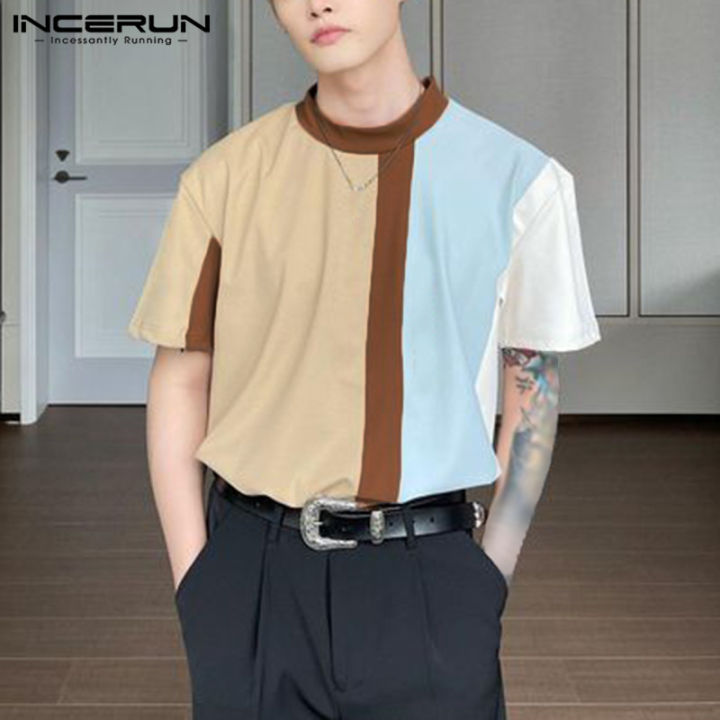 เสื้อลำลองแบบเย็บปะทรงหลวมผู้ชายแขนสั้น-incerun-เสื้อฮิปฮอปวันหยุด-สไตล์เกาหลี