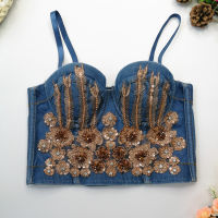 2021 New Retro Denim Camisole Women Beading Embroidery Backless Crop Top Underwear Push Up Bustier Bra Nightclub Party Tank Tops