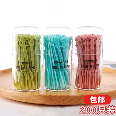 Fruit fork set cute disposable cartoon cake dessert small fork storage jar household childrens fruit eating pick 【JYUE】