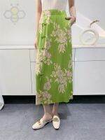 ❆❈ Aiden001 B-665 Pleated Skirt Womens Summer Printed Slit Buckle Retro Mid-Length High Waist Slim One Size (45-75Kg)