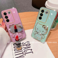 Phone Case เคส VIVOV27 VIVOV27e VIVO V27e V27 Pro 5G เคสชุบลายการ์ตูน Hello-Kitty น่ารักพร้อมกระจกแต่งหน้าแบบพกพาที่วางโทรศัพท์ตัวดูดแม่เหล็กฟังก์ชั่นฝาครอบแบบนิ่ม2023