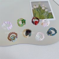 PLUMC แหวนยางยืดลูกปัดหรูหราหัวใจน่ารักน่ารักแนวย้อนยุคเครื่องประดับดอกไม้แฟชั่นแหวนสไตล์เกาหลี