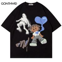 Harajuku Graphic Tshirt Streetwear Hip Hop Cartoon Skull ลายหัวใจขนาดใหญ่ T เสื้อ2023ผู้ชายแฟชั่นหลวมผ้าฝ้าย Tee Top