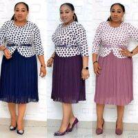 （HOT） 2021 cross-border supply African plus-size womens mothers new polka-dot top pleated two-piece set