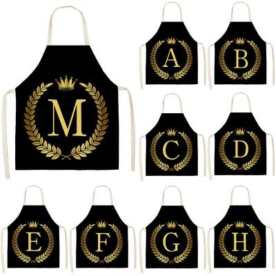 ✸♗ Black Golden Crown Letter Alphabet Print Kitchen Apron for Woman Man Cotton Linen Aprons for Cooking Home Cleaning Tools Tablier