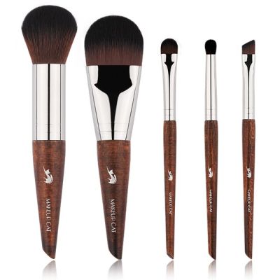 ชุดแปรงแต่งหน้าด้ามไม้วิกผมปลอมกล่องเหล็กเก็บแบบพกพาสำหรับ Brush-5Pcs เครื่องสำอางแมวแต่งหน้า-ปากกาความงาม