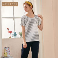 Spring Summer Sleep Tops Tottoms Cotton Black White Striped Round Collar Short Sleeved Trouser Sleepwear Suit Casual HomeWear