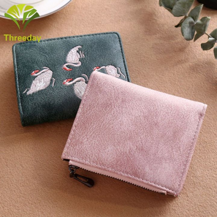 3d-women-short-wallet-pu-leather-cards-holder-swan-embroidery-coin-pocket-zipper-casual-purse