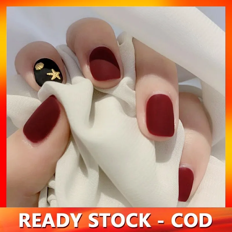With Glue】24pcs Fake Nails Short Flat Head Wear Art Nails Matte Red Black  Jump Color Moon Shell False Nail | Lazada