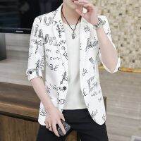 ZZOOI Korean Chic Small Suit Men Spring Summer Thin Mid-sleeve Single-button 3D Print Jacket Casual Fitness Work Party Blazer Coat Top