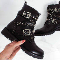 Punk Design Metal Stud Rivet Spikes Ankle Strap Motorcycles Boots Platform Chunky Heel Quality Leather Cool Biker Shoes Party