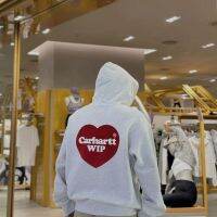 Carhartt แจ็คเก็ตคู่รักที่นิยมในฤดูใบไม้ร่วง360กรัมมีฮู้ดเสื้อสีล้วนกำมะหยี่ขนาดใหญ่มีฮู้ดสไตล์คนขี้เกียจ