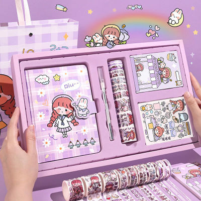 XCute โน๊ตบุ๊คกล่องชุด Notepads เครื่องเขียน Kawaii สีม่วงสีชมพูไดอารี่งบประมาณหนังสือวารสารและ Washi เทปของขวัญอุปกรณ์การเรียน