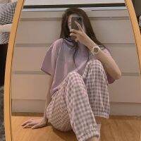 【JH】Womens Pajamas Summer Night Trouser Suits Pyjamas Korean Style Clothing Sets Grid Pijamas Homewear Sleepwear Nightwear