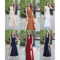 SS14668 Jumpsuit จั๊มสูทสั้น แขนกุด แต่งผ้าผ่าด้านหน้า