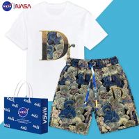 【July hot】 NASA joint European station light luxury printed short-sleeved suit mens trendy and handsome 2023 summer new collocation