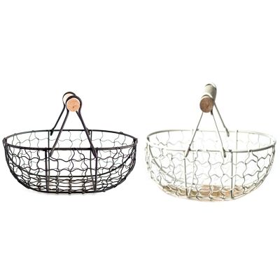 2Pcs Wooden Handle Metal Retro Basket Vegetable Fruit Egg Groceries Practical Storage Basket - White &amp; Black