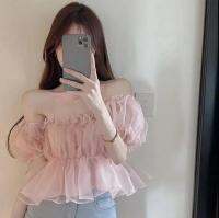 YJshop-?เสื้อปาดไหล่สีทึบขนาดเล็กเสื้อผู้หญิงฤดูร้อนปี 2022 ใหม่อินเทรนด์บางและหวานปิดไหล่เสื้อแขนพัฟคอสี่เหลี่ยม?